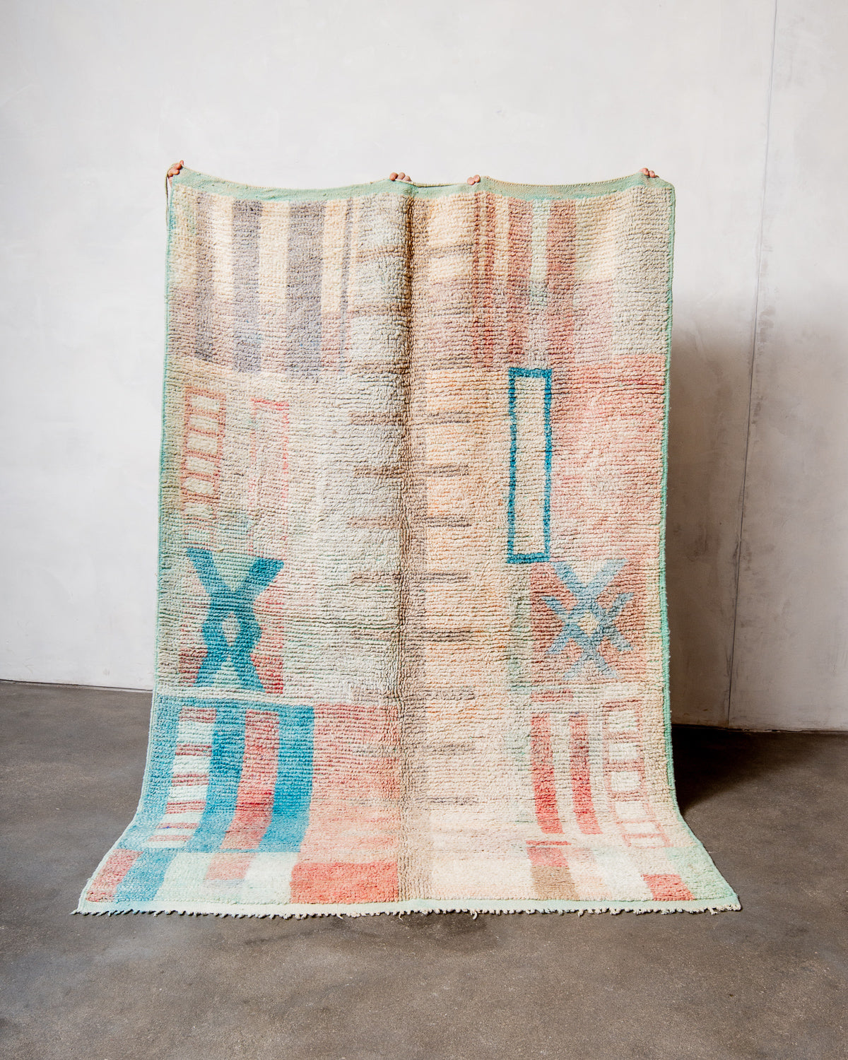 Modern, designer, handcrafted Berber runner rug from Morocco. Vintage carpet with beautiful colours and patterns and fluffy texture.